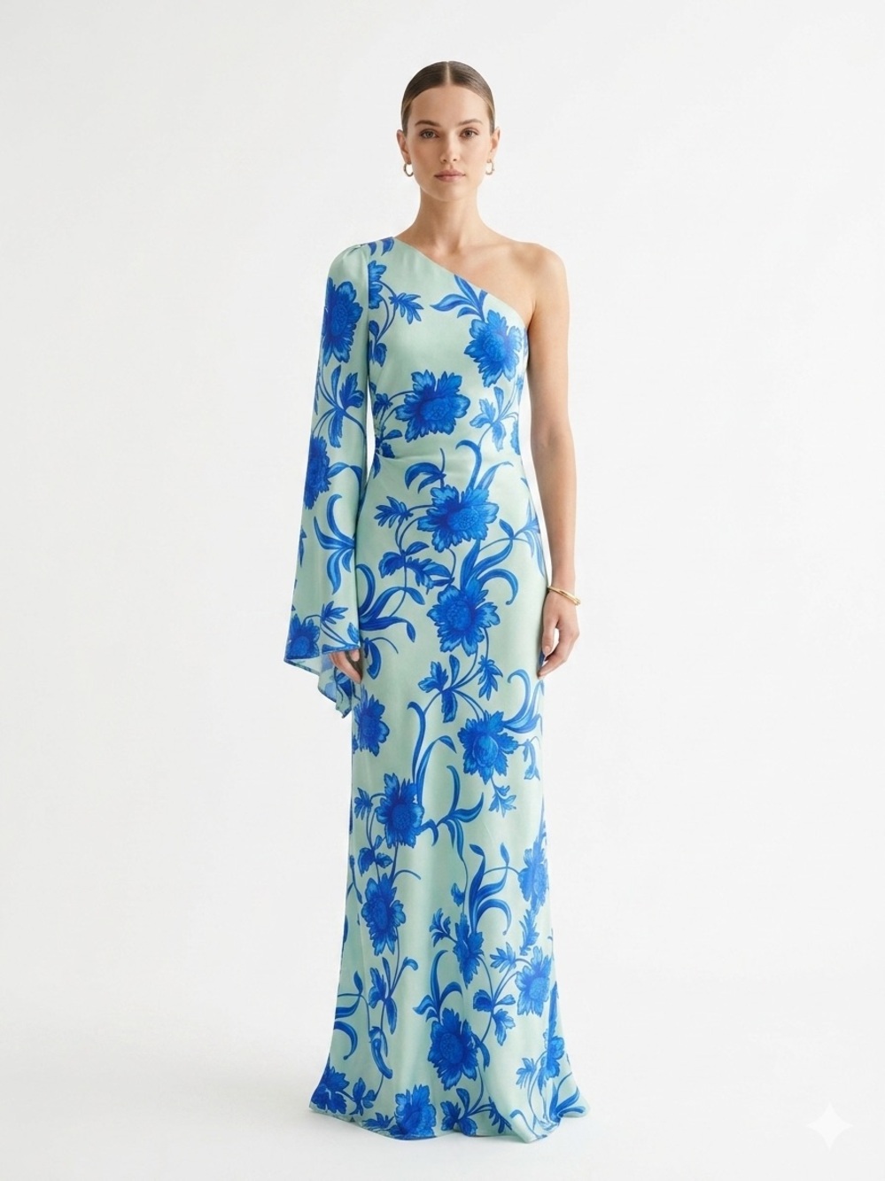 Kivari Juniper One Shoulder Maxi Dress Blue Floral Silk Feel NWT Small